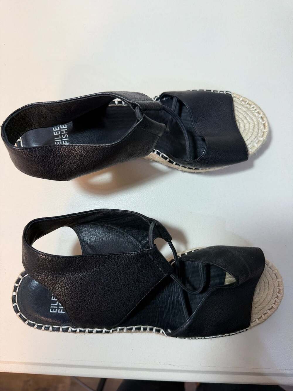 Eileen Fisher Black Leather Espadrille Wedge Sandals Size 8.5 - Picture 4 of 6